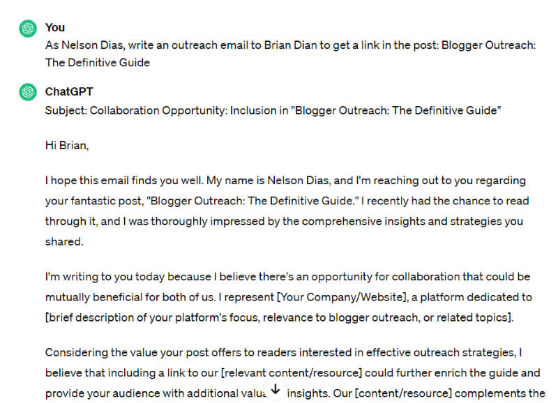 ChatGPT outreach email prompt